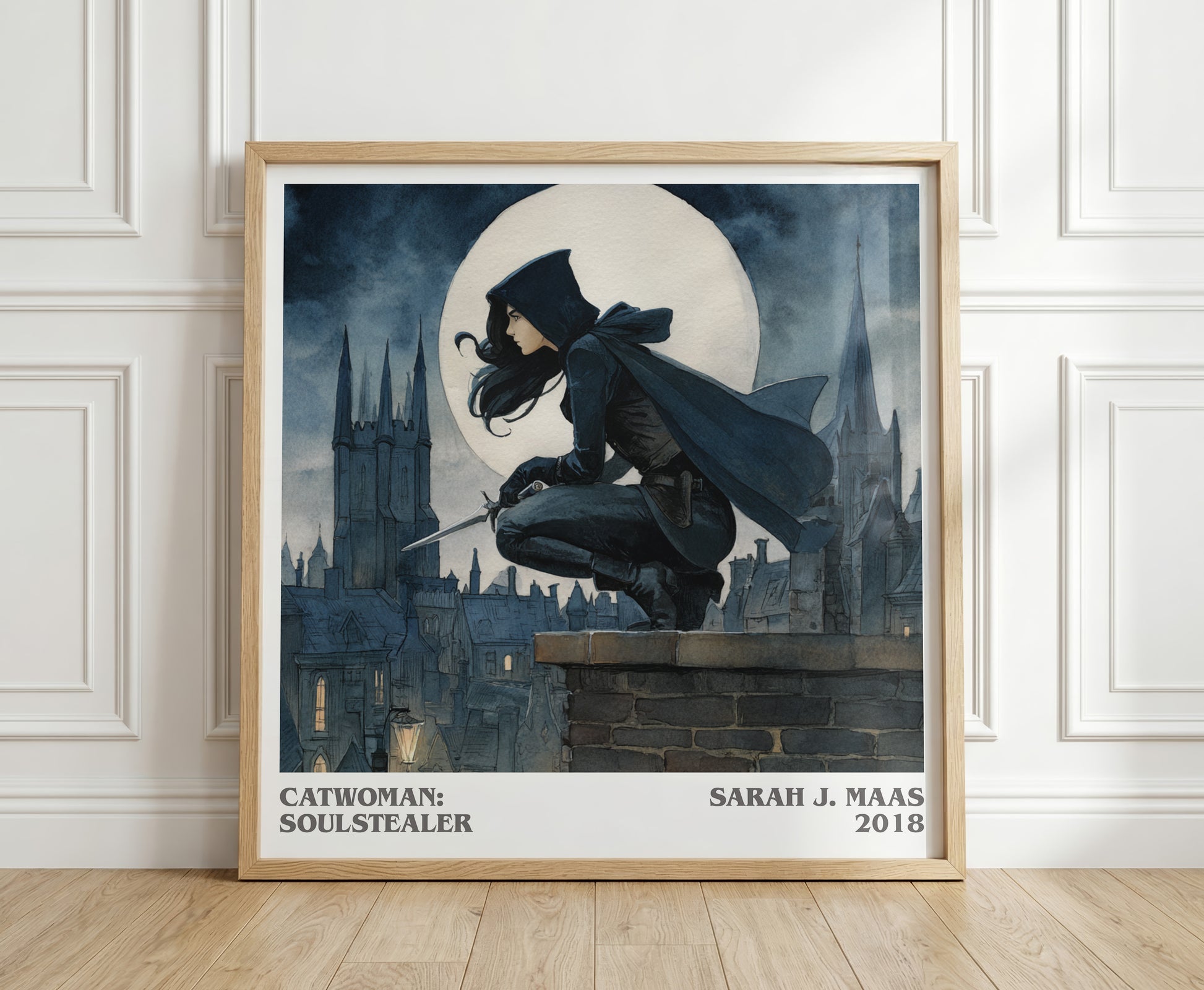 Catwoman: Soulstealer literary print in frame leaning in hallway – fantasy wall art
