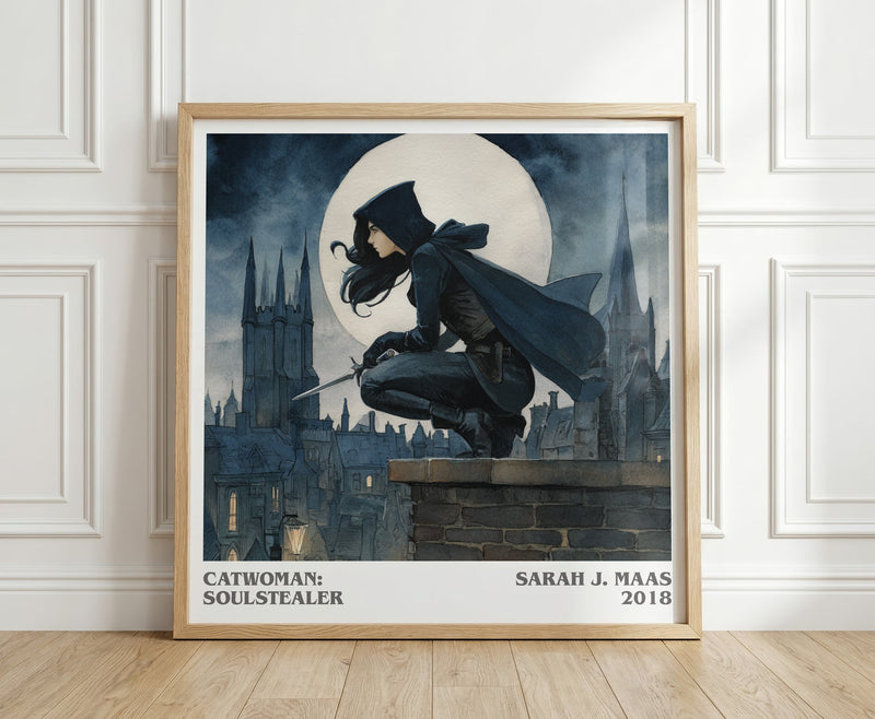 Catwoman: Soulstealer literary print in frame leaning in hallway – fantasy wall art