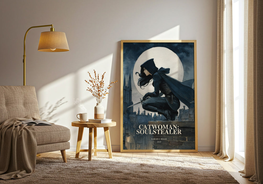 Catwoman: Soulstealer watercolour print in frame leaning in hallway – young adult wall art (mockup)