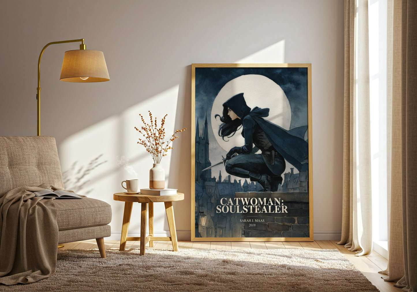 Catwoman: Soulstealer watercolour print in frame leaning in hallway – young adult wall art