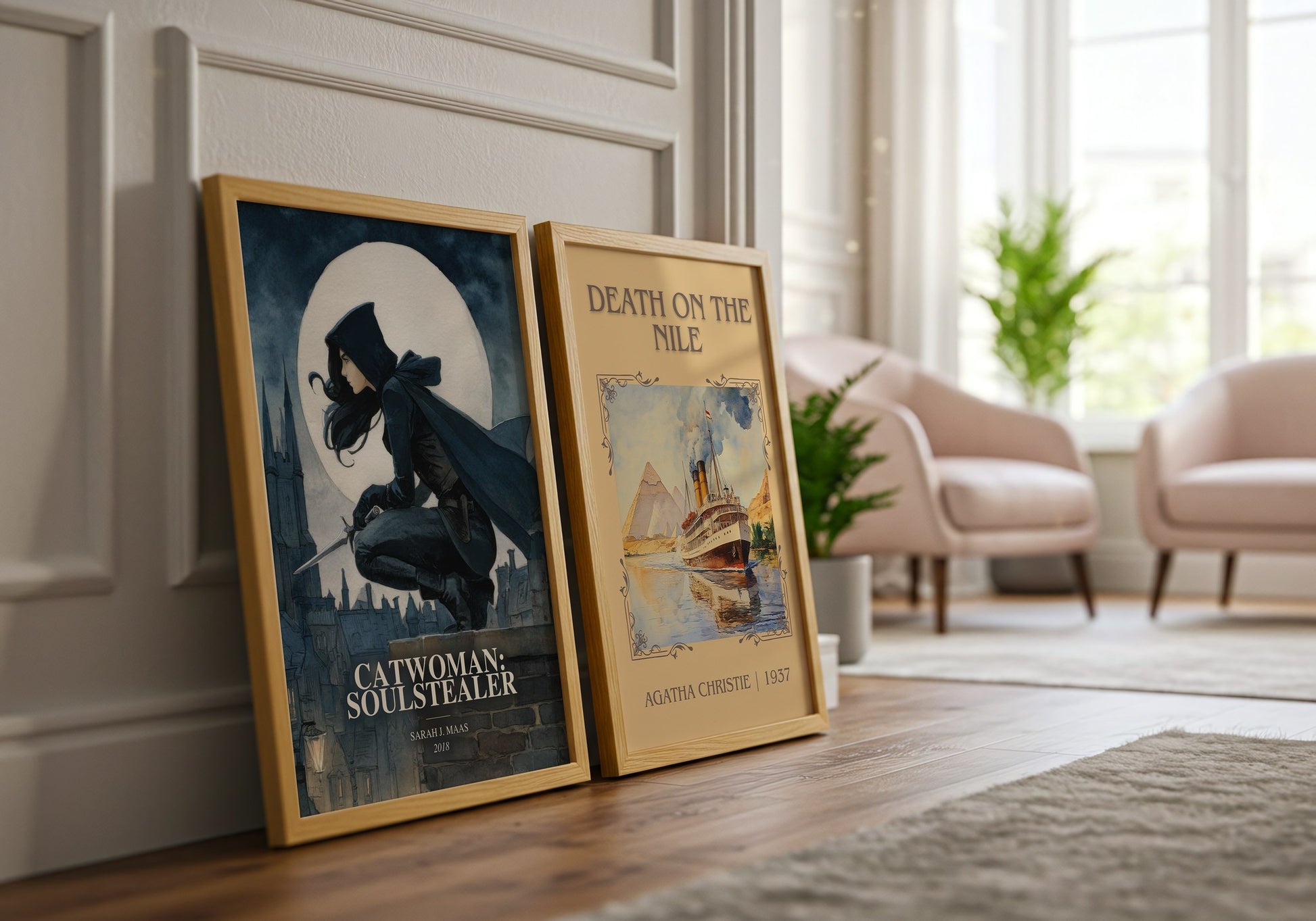 Catwoman: Soulstealer watercolour print framed by window – literary home decor