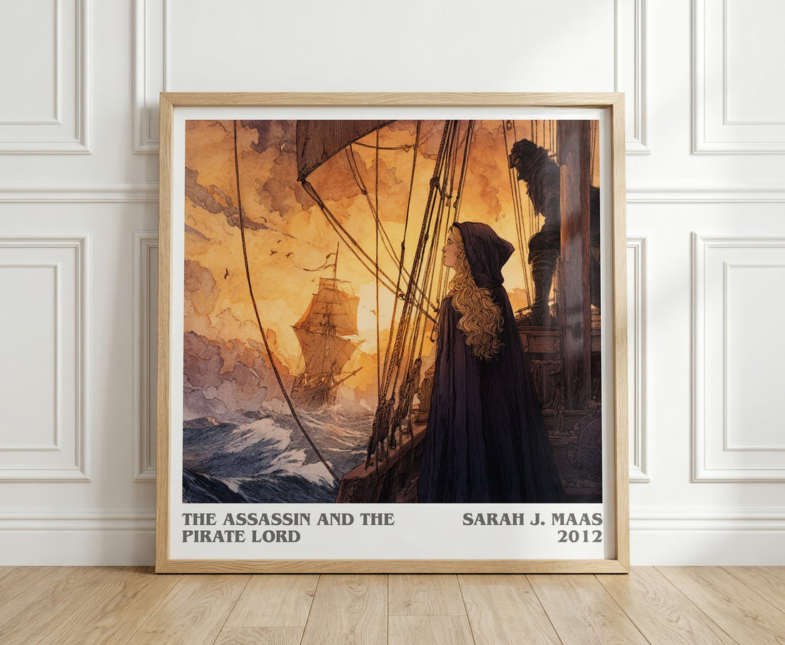 The Assassin And The Pirate Lord literary print in frame leaning in hallway – young adult wall art (mockup)