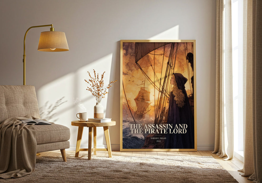 The Assassin And The Pirate Lord watercolour print in frame leaning in hallway – fantasy wall art (mockup)