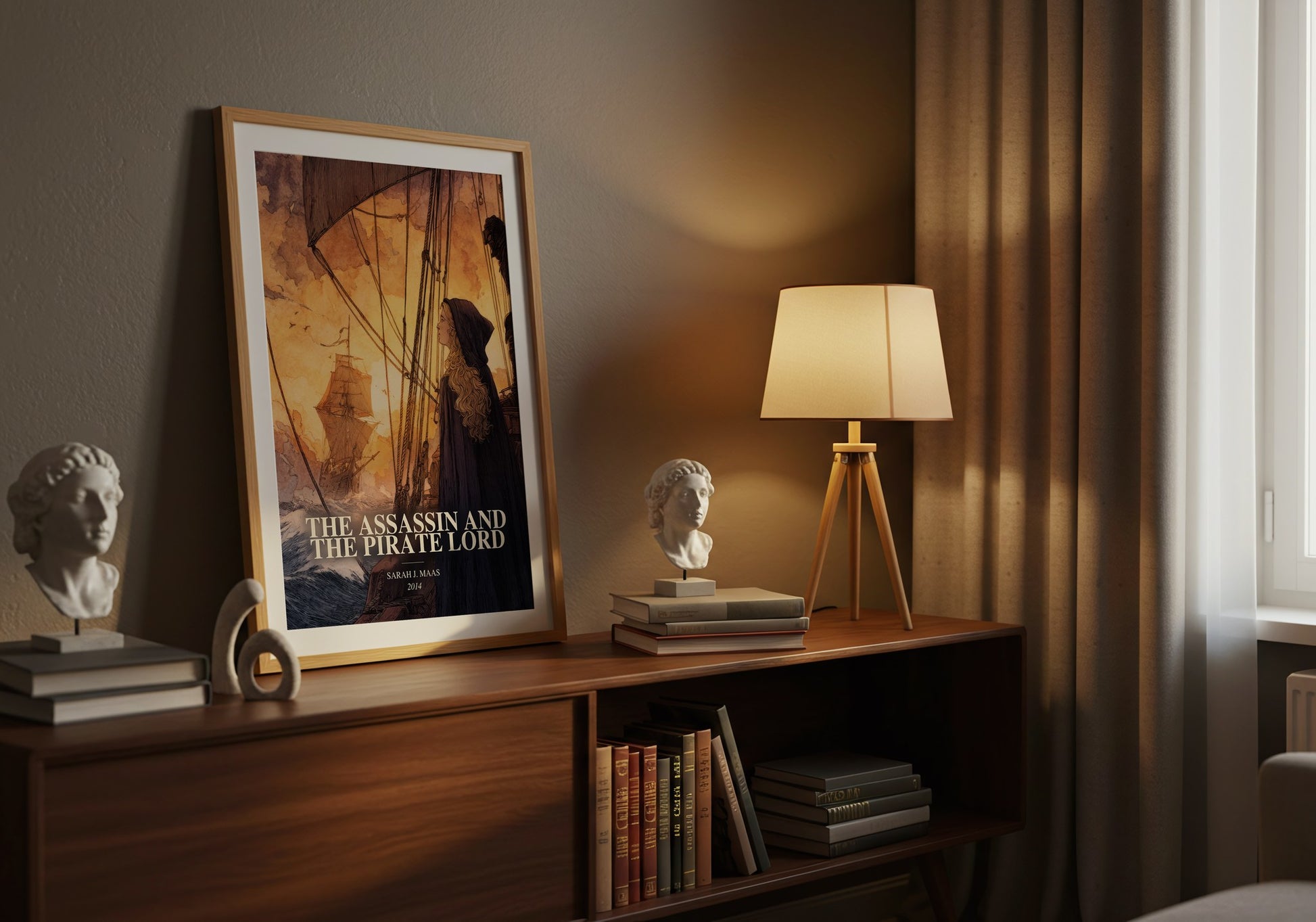 The Assassin And The Pirate Lord watercolour print on bookshelf – Sarah J. Maas fan gift