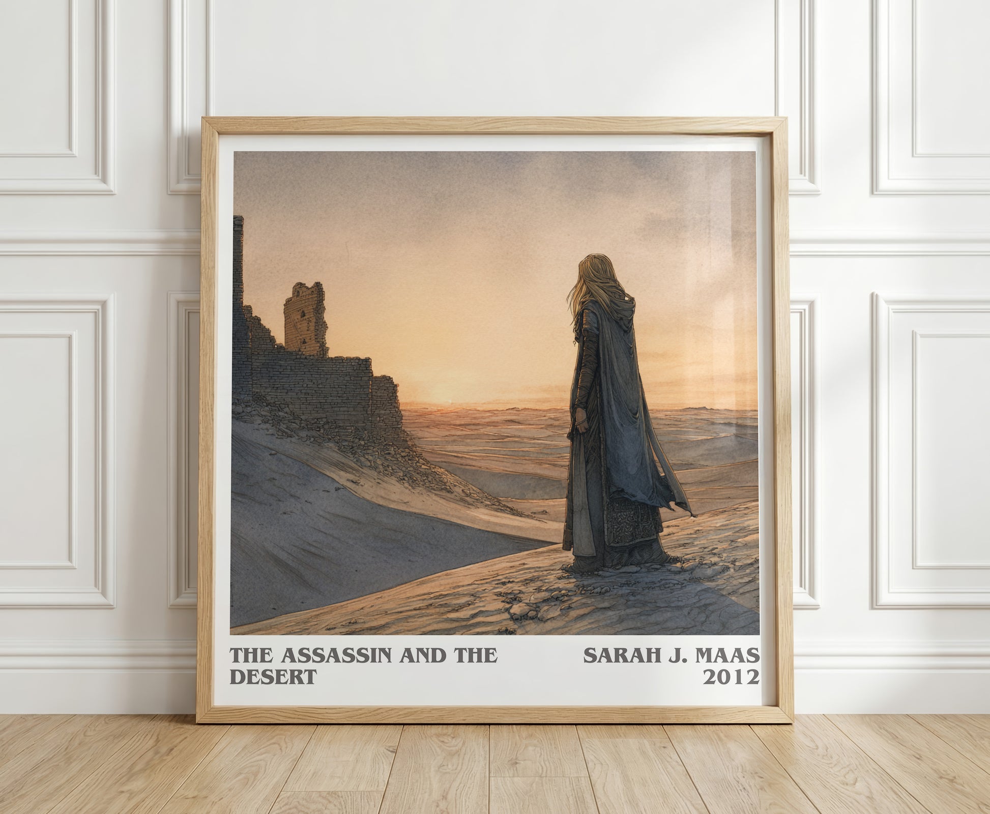 The Assassin And The Desert literary print in frame leaning in hallway – fantasy wall art