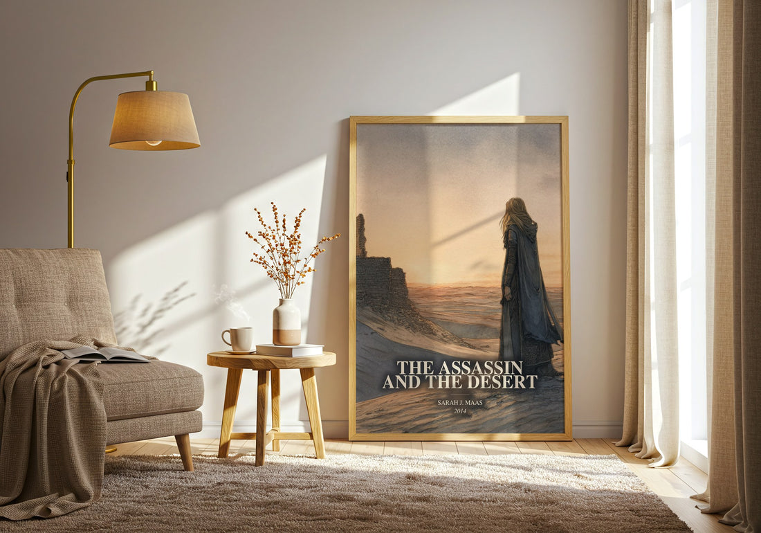 The Assassin And The Desert watercolour print in frame leaning in hallway – young adult wall art (mockup)