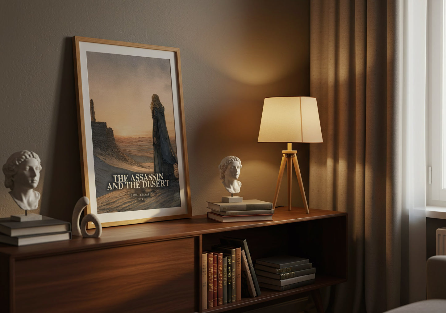 The Assassin And The Desert watercolour print on bookshelf – Sarah J. Maas fan gift