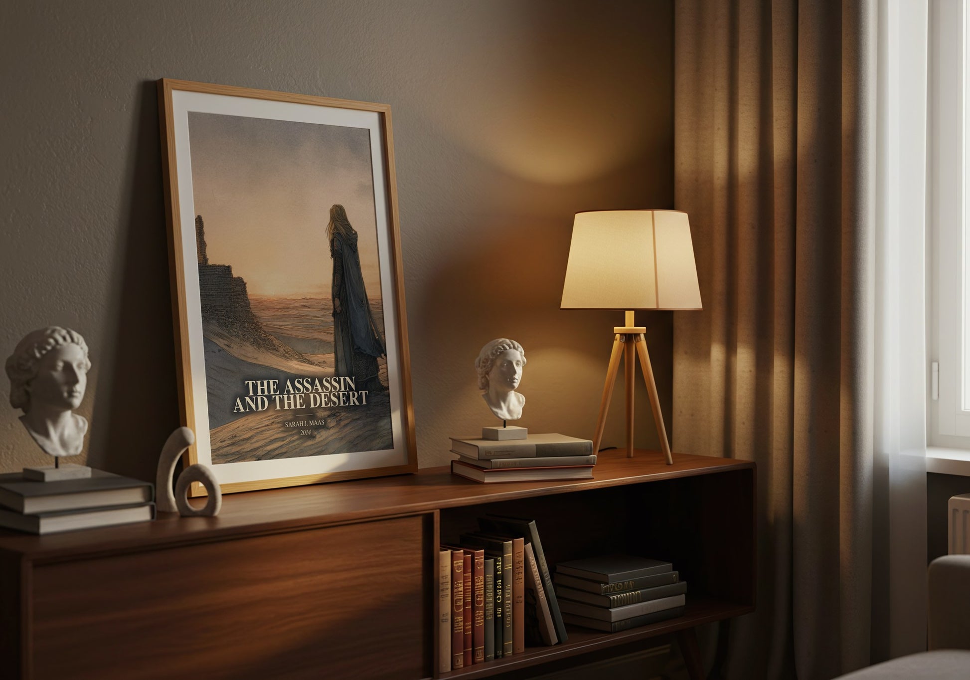 The Assassin And The Desert watercolour print on bookshelf – Sarah J. Maas fan gift