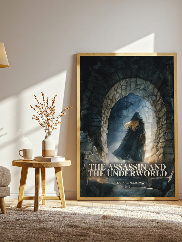 The Assassin And The Underworld watercolour print in frame leaning in hallway – young adult wall art