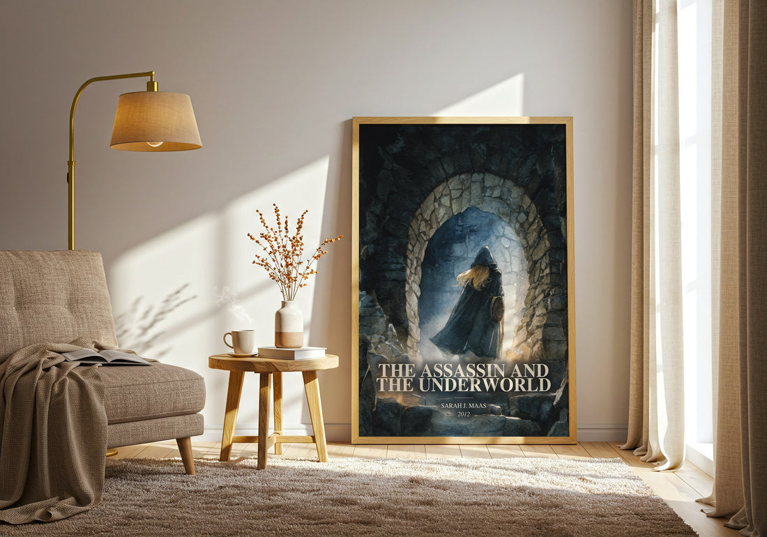 The Assassin And The Underworld watercolour print in frame leaning in hallway – young adult wall art (mockup)