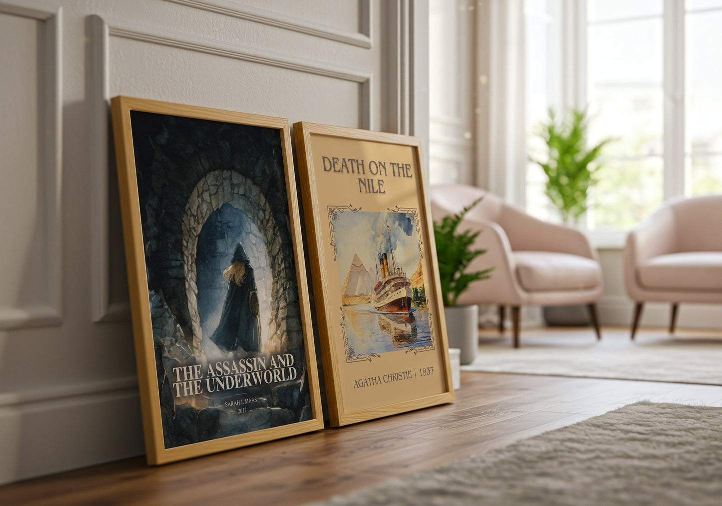 The Assassin And The Underworld watercolour print framed by window – literary home decor