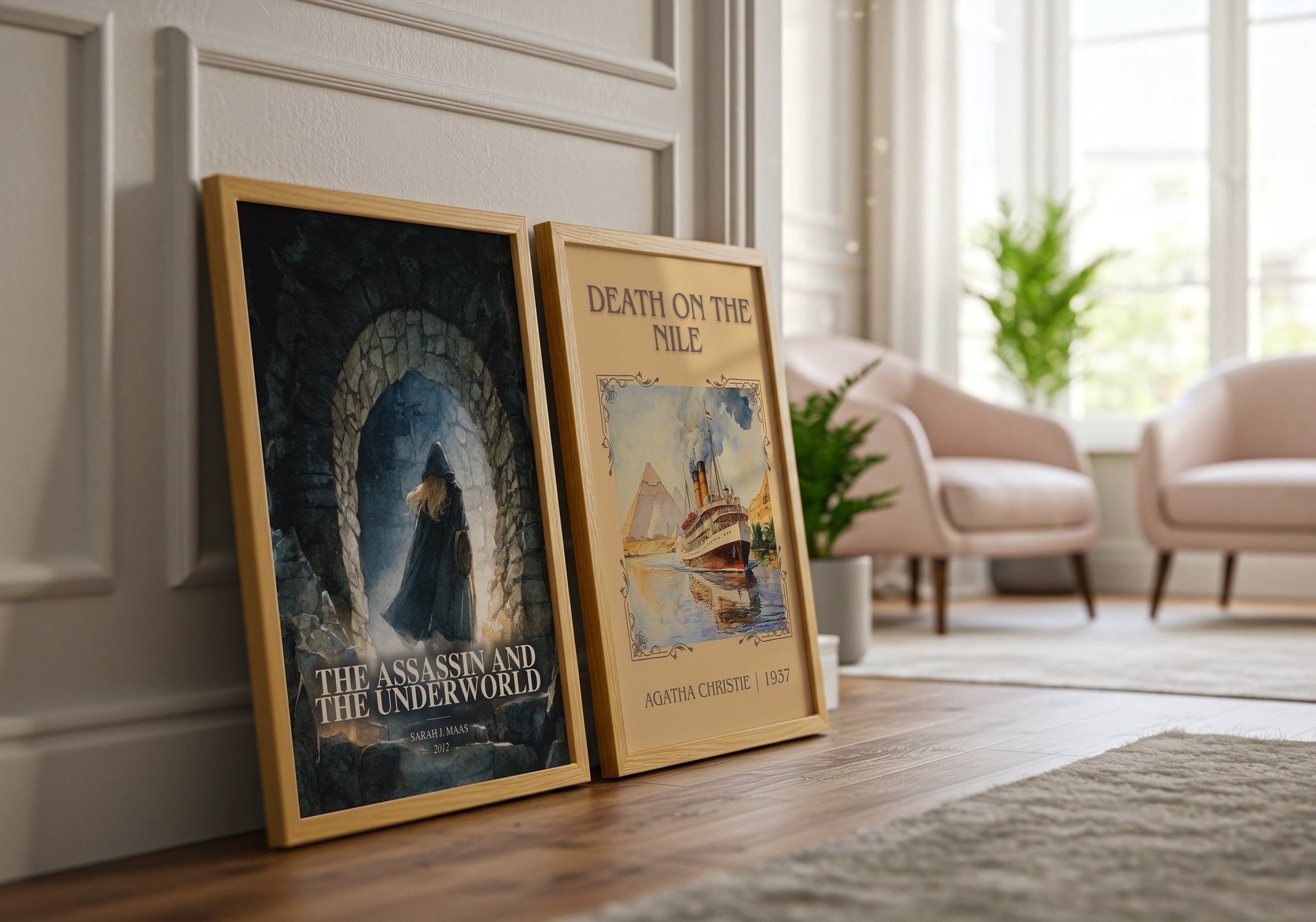 The Assassin And The Underworld watercolour print framed by window – literary home decor