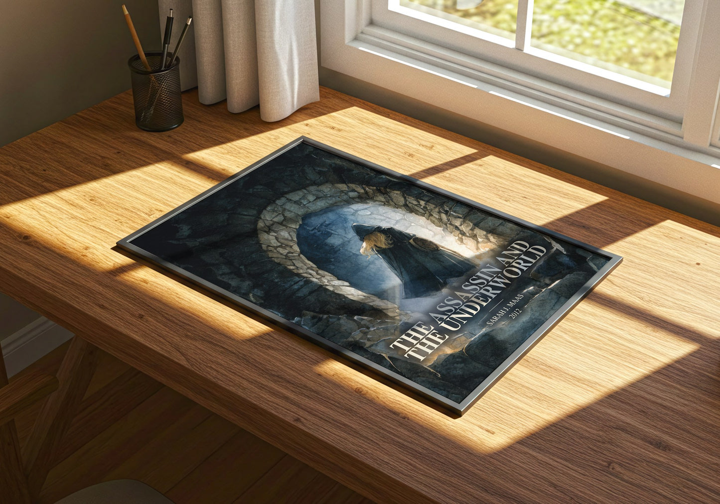 The Assassin And The Underworld watercolour book poster framed on wall – young adult wall art