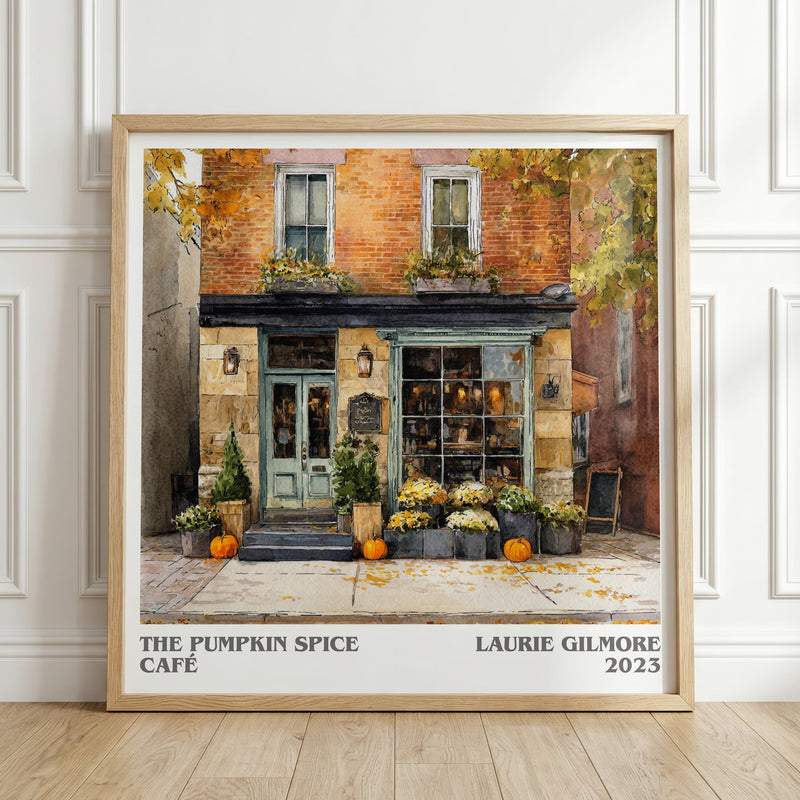 The Pumpkin Spice Café literary print in frame leaning in hallway – fantasy wall art