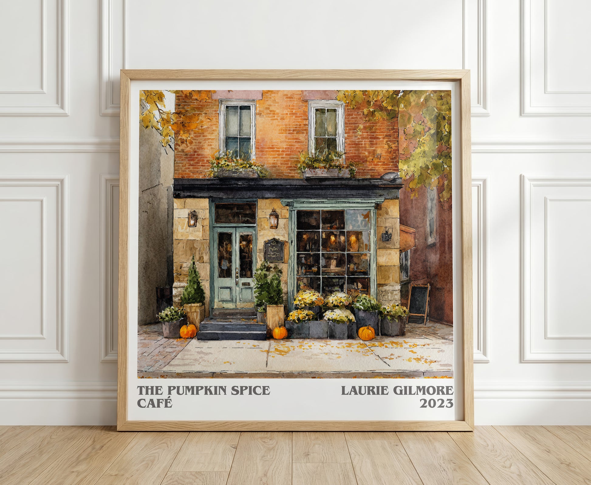 The Pumpkin Spice Café literary print in frame leaning in hallway – fantasy wall art