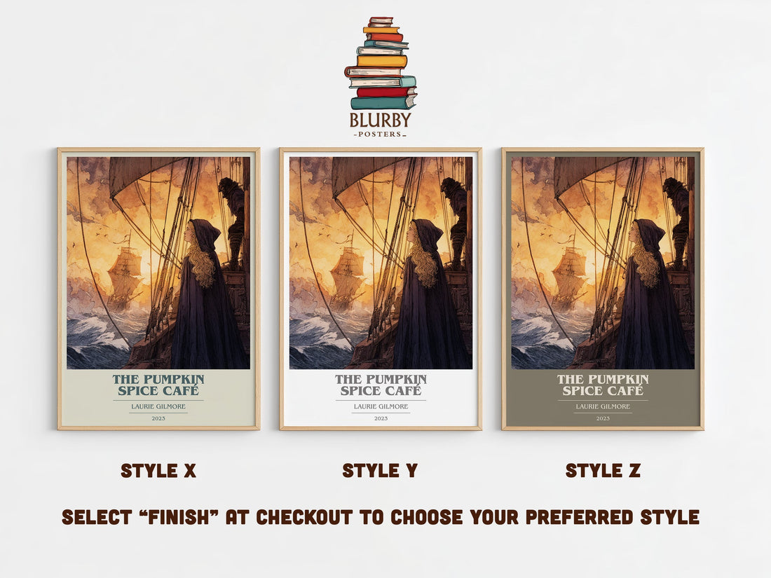 The Pumpkin Spice Café book cover print in frame leaning in hallway – fantasy wall art (mockup)