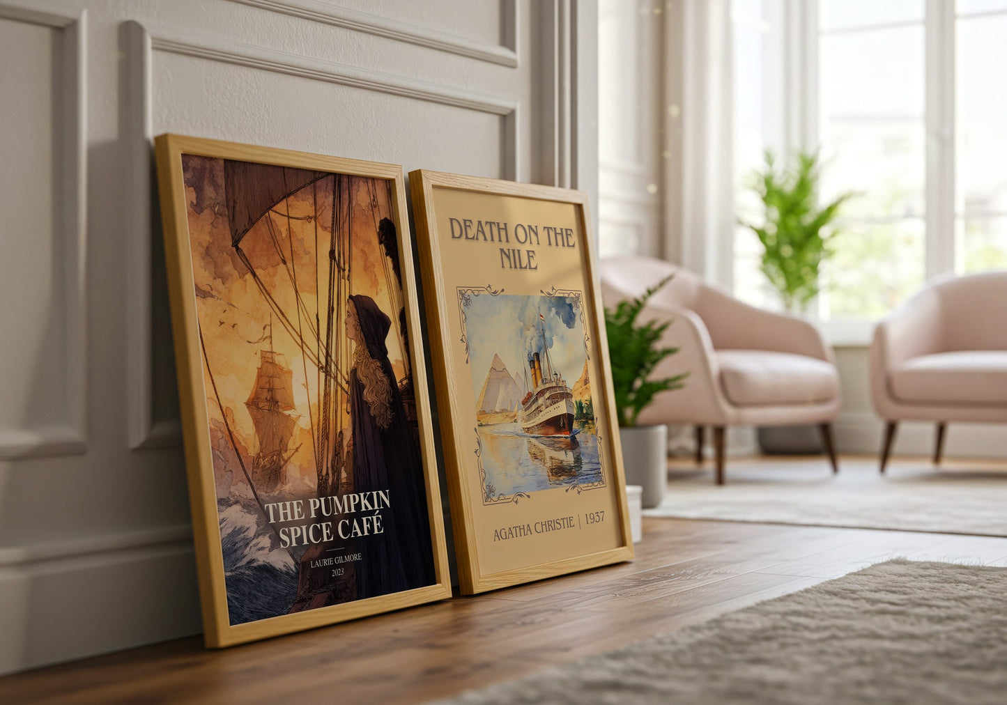 The Pumpkin Spice Café watercolour print framed by window – literary home decor
