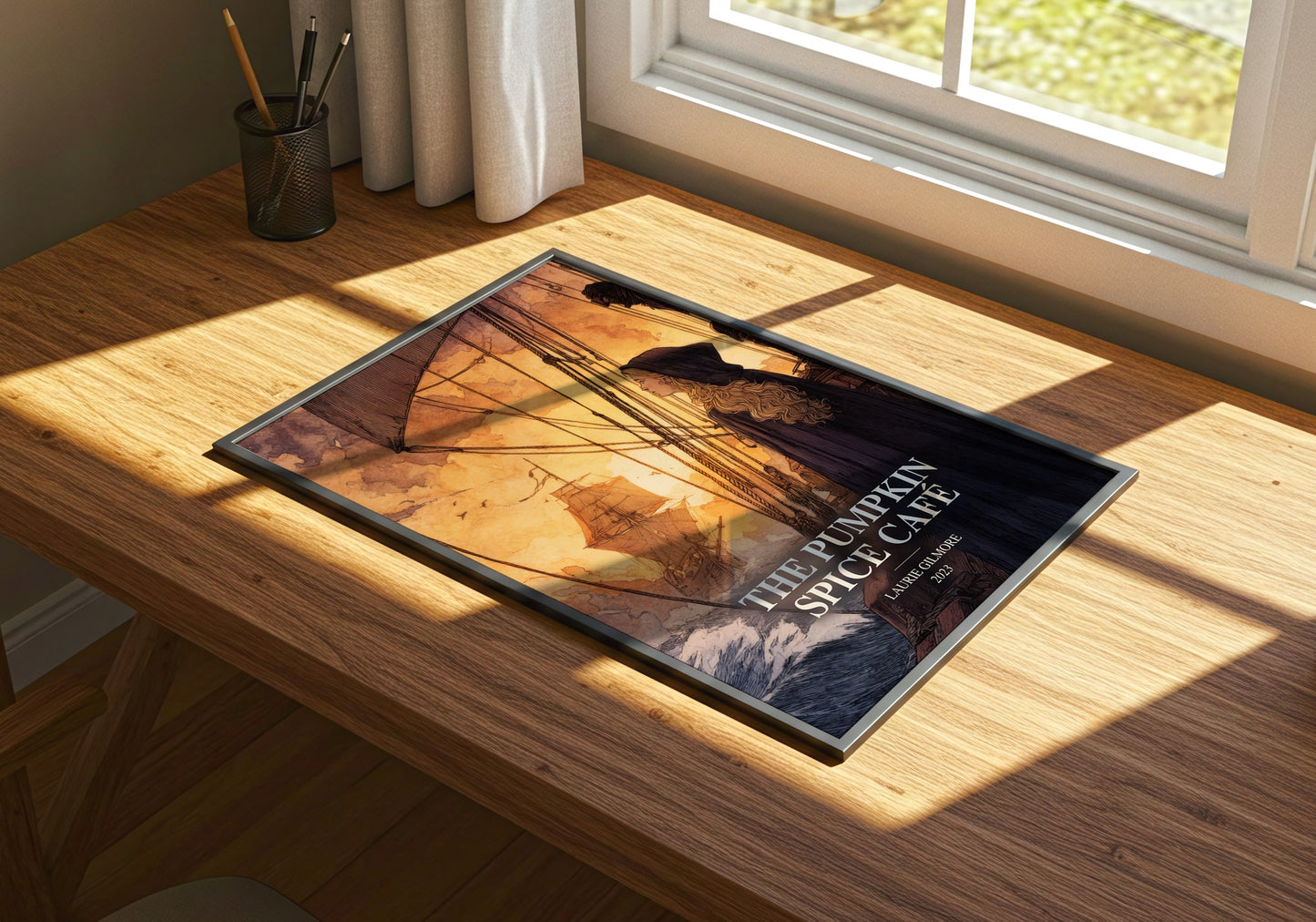 The Pumpkin Spice Café watercolour book poster framed on wall – romance wall art