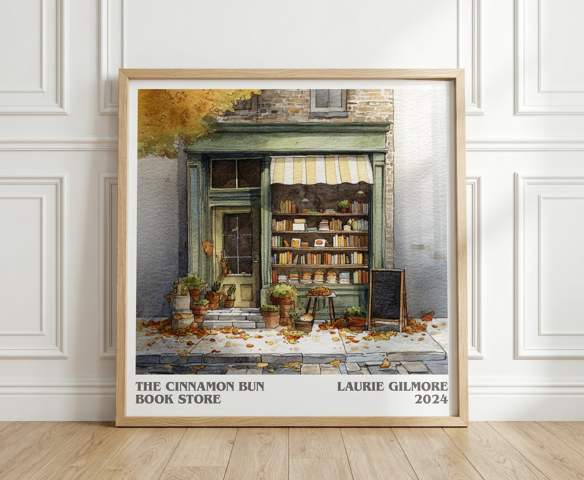 The Cinnamon Bun Book Store literary print in frame leaning in hallway – romance wall art