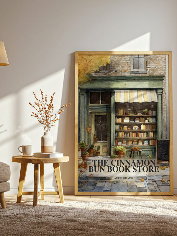 The Cinnamon Bun Book Store watercolour print in frame leaning in hallway – romance wall art