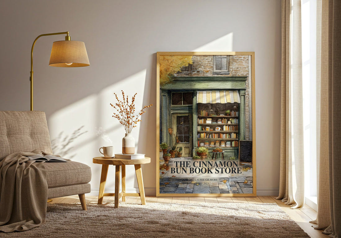 The Cinnamon Bun Book Store watercolour print in frame leaning in hallway – romance wall art (mockup)
