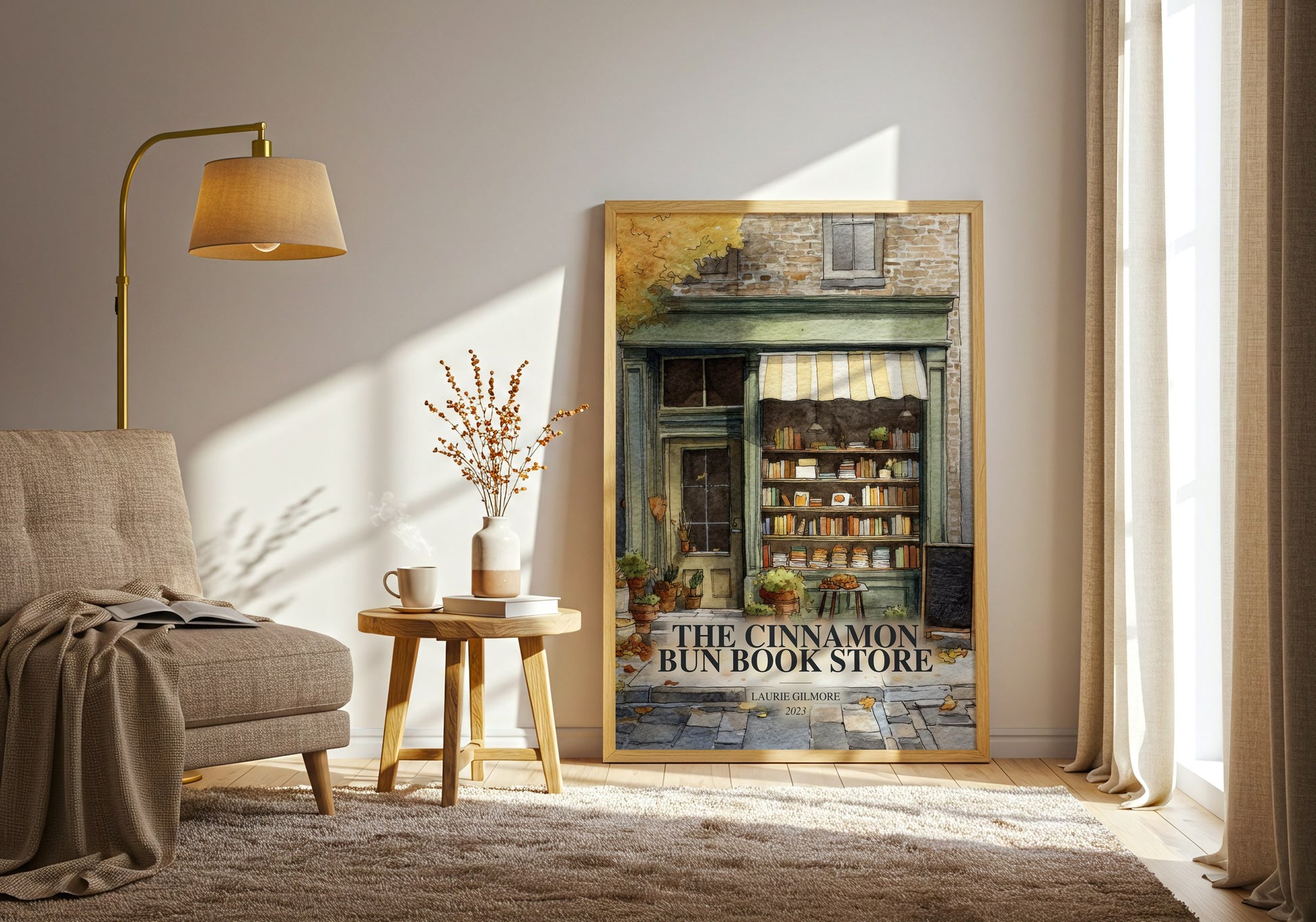 The Cinnamon Bun Book Store watercolour print in frame leaning in hallway – romance wall art