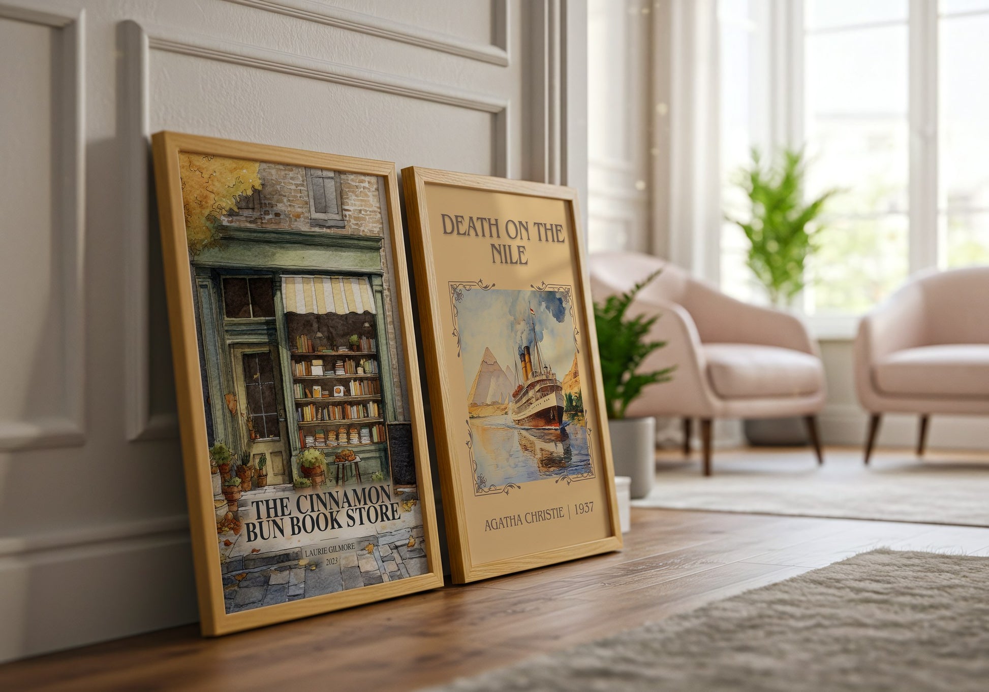 The Cinnamon Bun Book Store watercolour print framed by window – literary home decor