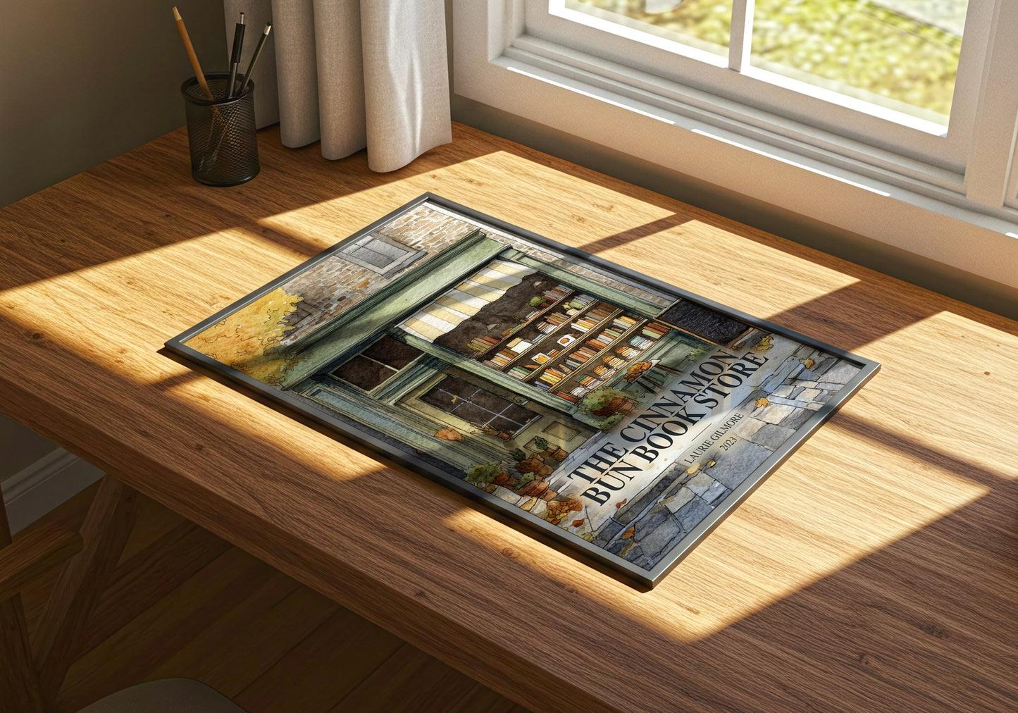 The Cinnamon Bun Book Store watercolour book poster framed on wall – romance wall art