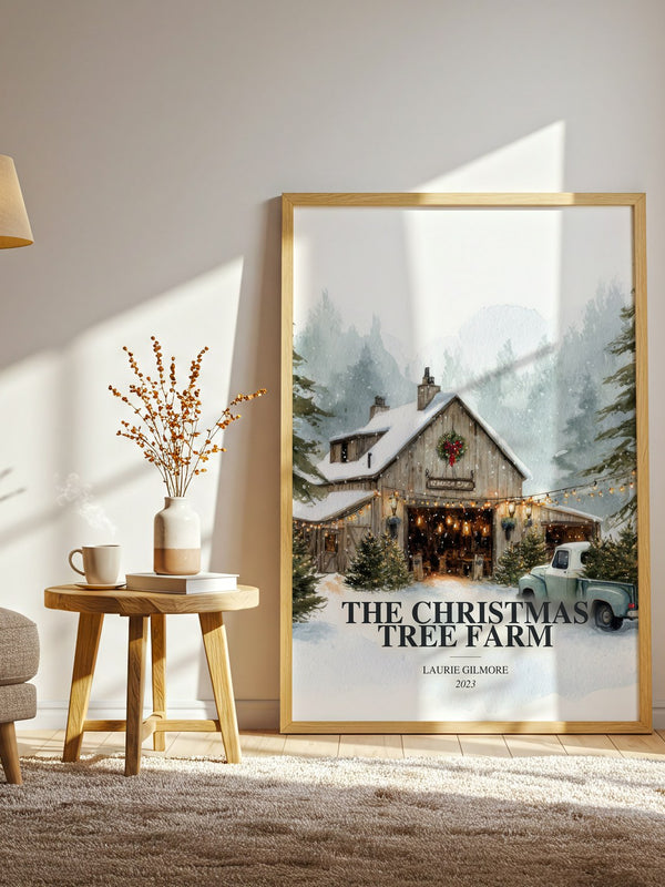 The Christmas Tree Farm watercolour print in frame leaning in hallway – romance wall art