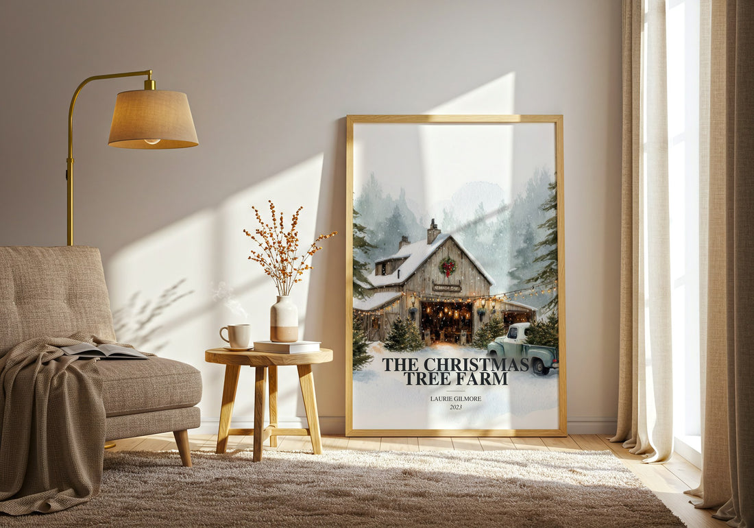 The Christmas Tree Farm watercolour print in frame leaning in hallway – romance wall art (mockup)