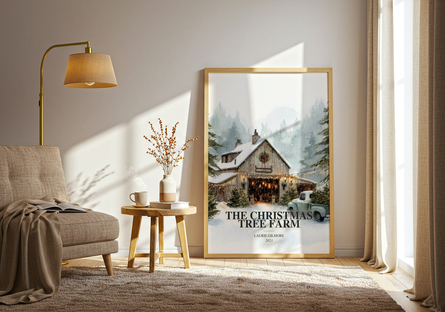 The Christmas Tree Farm watercolour print in frame leaning in hallway – romance wall art