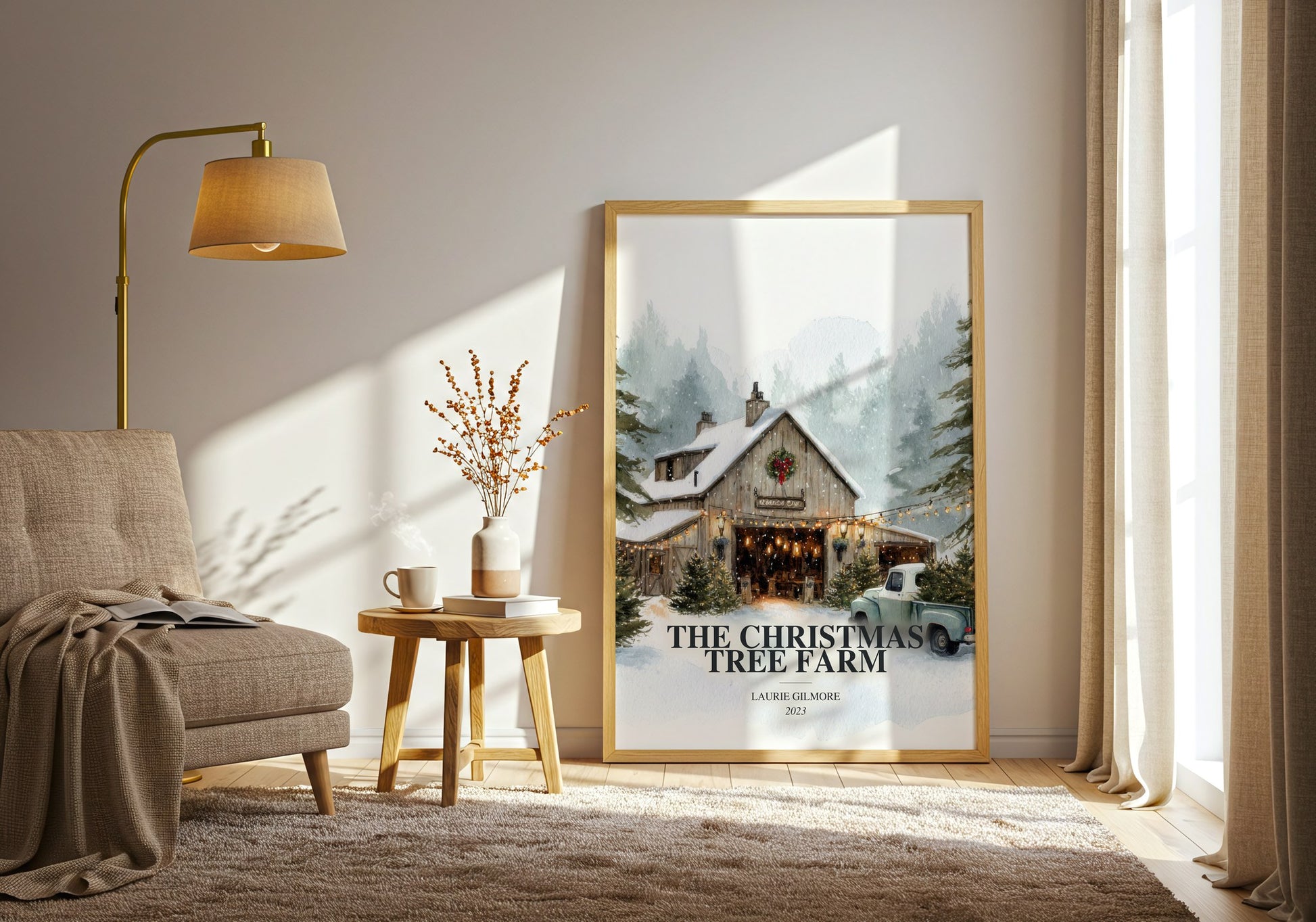 The Christmas Tree Farm watercolour print in frame leaning in hallway – romance wall art