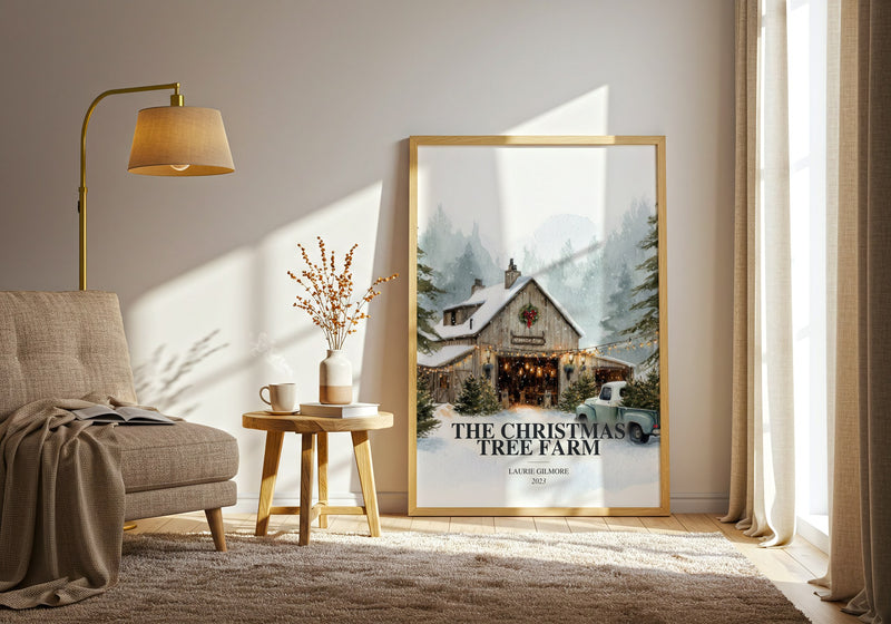 The Christmas Tree Farm watercolour print in frame leaning in hallway – romance wall art