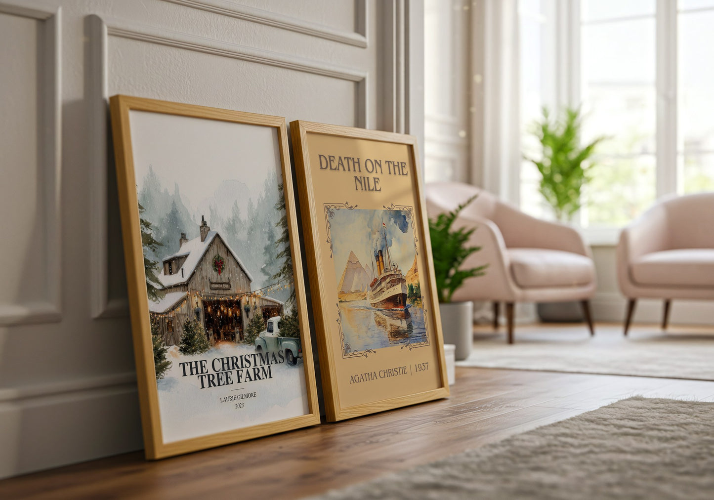 The Christmas Tree Farm watercolour print framed by window – literary home decor