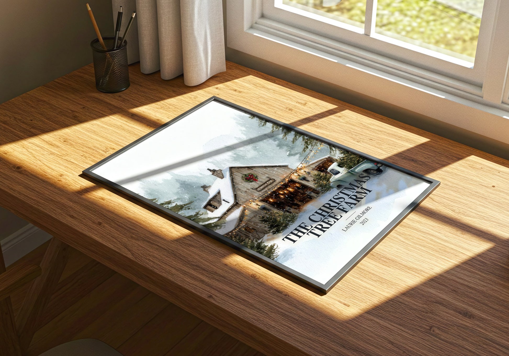 The Christmas Tree Farm watercolour book poster framed on wall – romance wall art