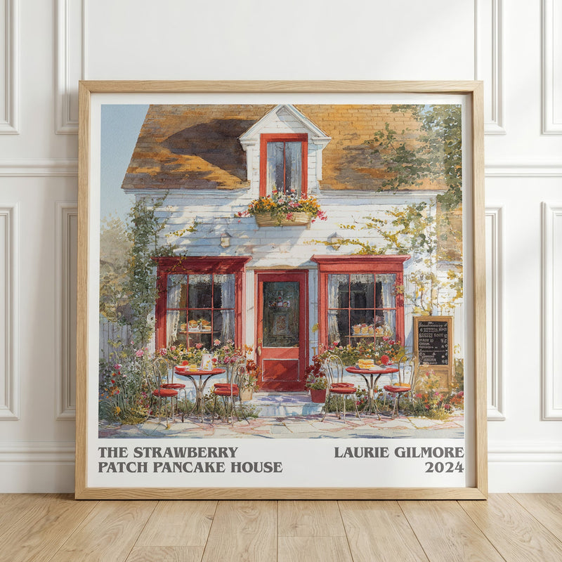 The Strawberry Patch Pancake House literary print in frame leaning in hallway – romance wall art