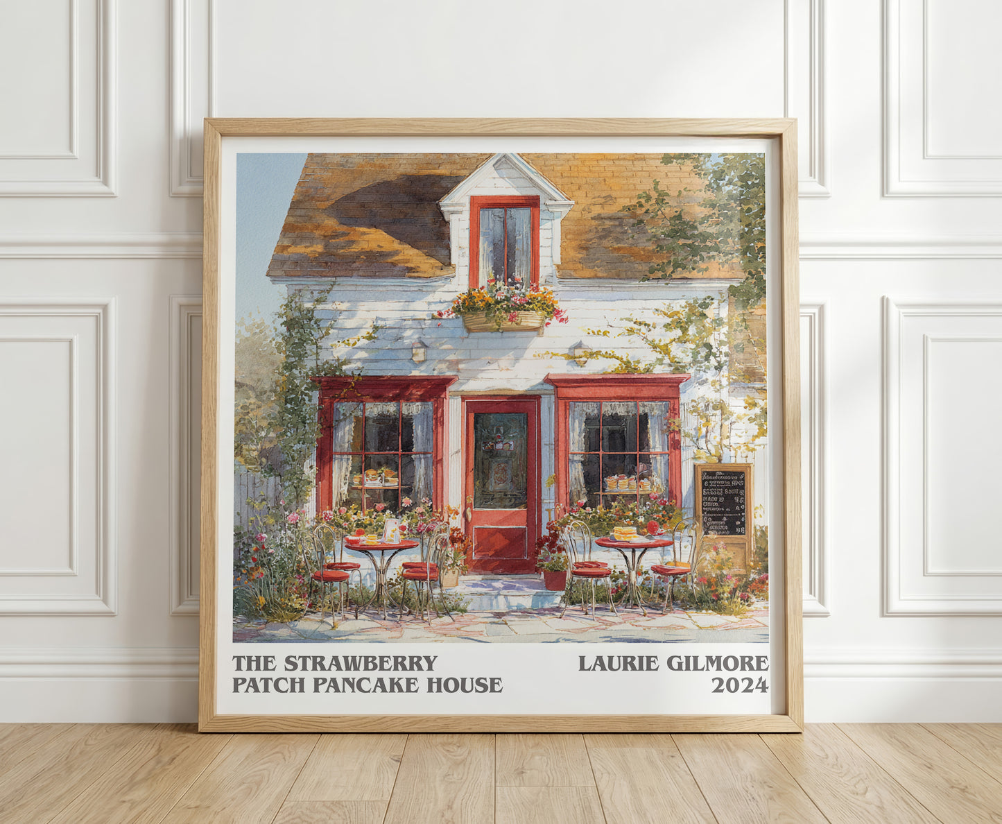 The Strawberry Patch Pancake House literary print in frame leaning in hallway – romance wall art