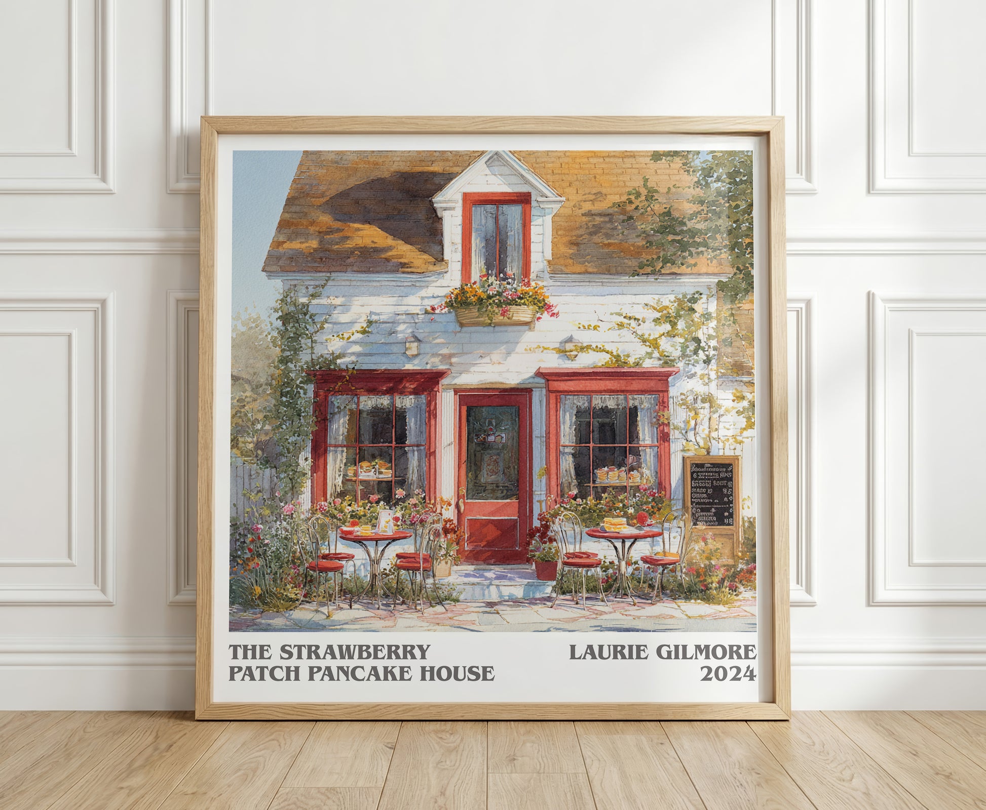 The Strawberry Patch Pancake House literary print in frame leaning in hallway – romance wall art