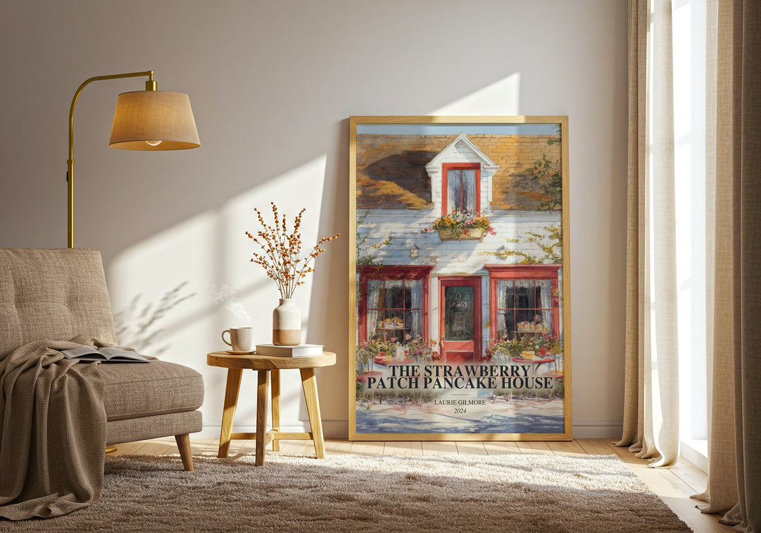 The Strawberry Patch Pancake House watercolour print in frame leaning in hallway – romance wall art (mockup)
