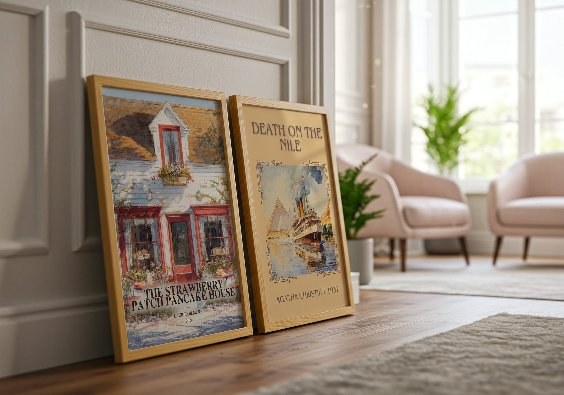 The Strawberry Patch Pancake House watercolour print framed by window – literary home decor