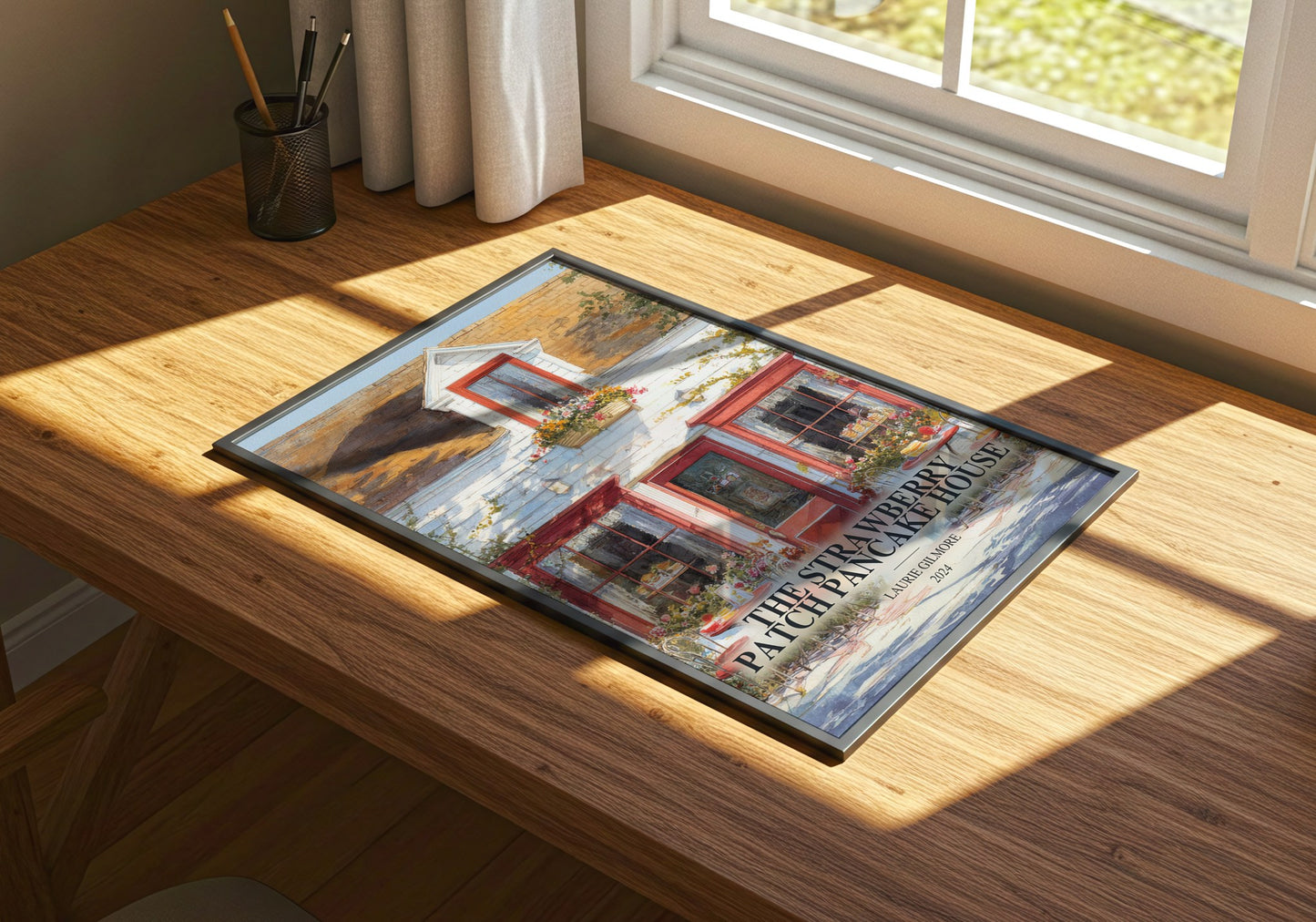 The Strawberry Patch Pancake House watercolour book poster framed on wall – romance wall art