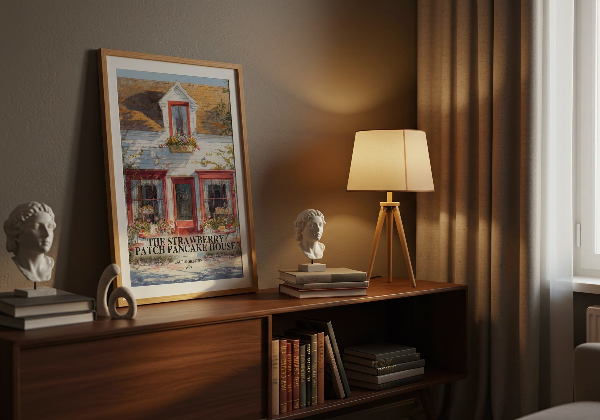 The Strawberry Patch Pancake House watercolour print on bookshelf – Laurie Gilmore fan gift
