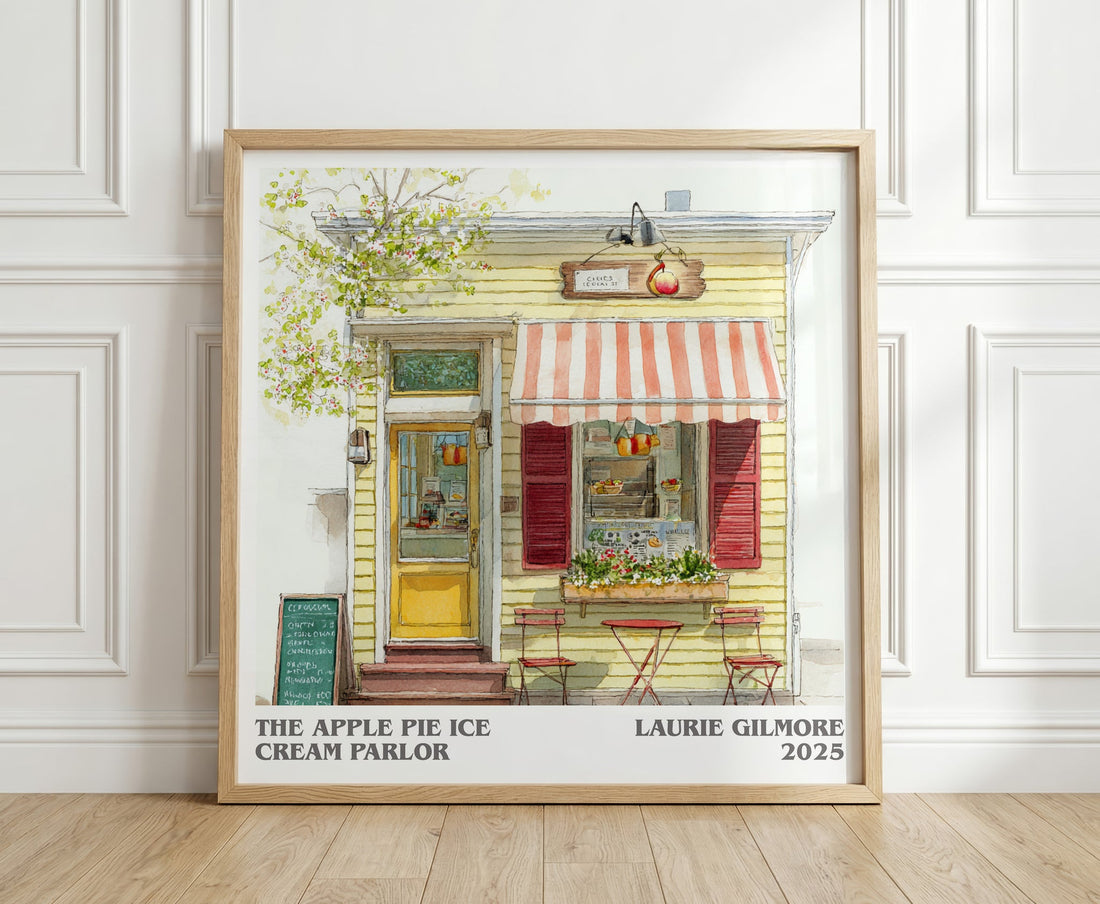 The Apple Pie Ice Cream Parlor literary print in frame leaning in hallway – romance wall art (mockup)