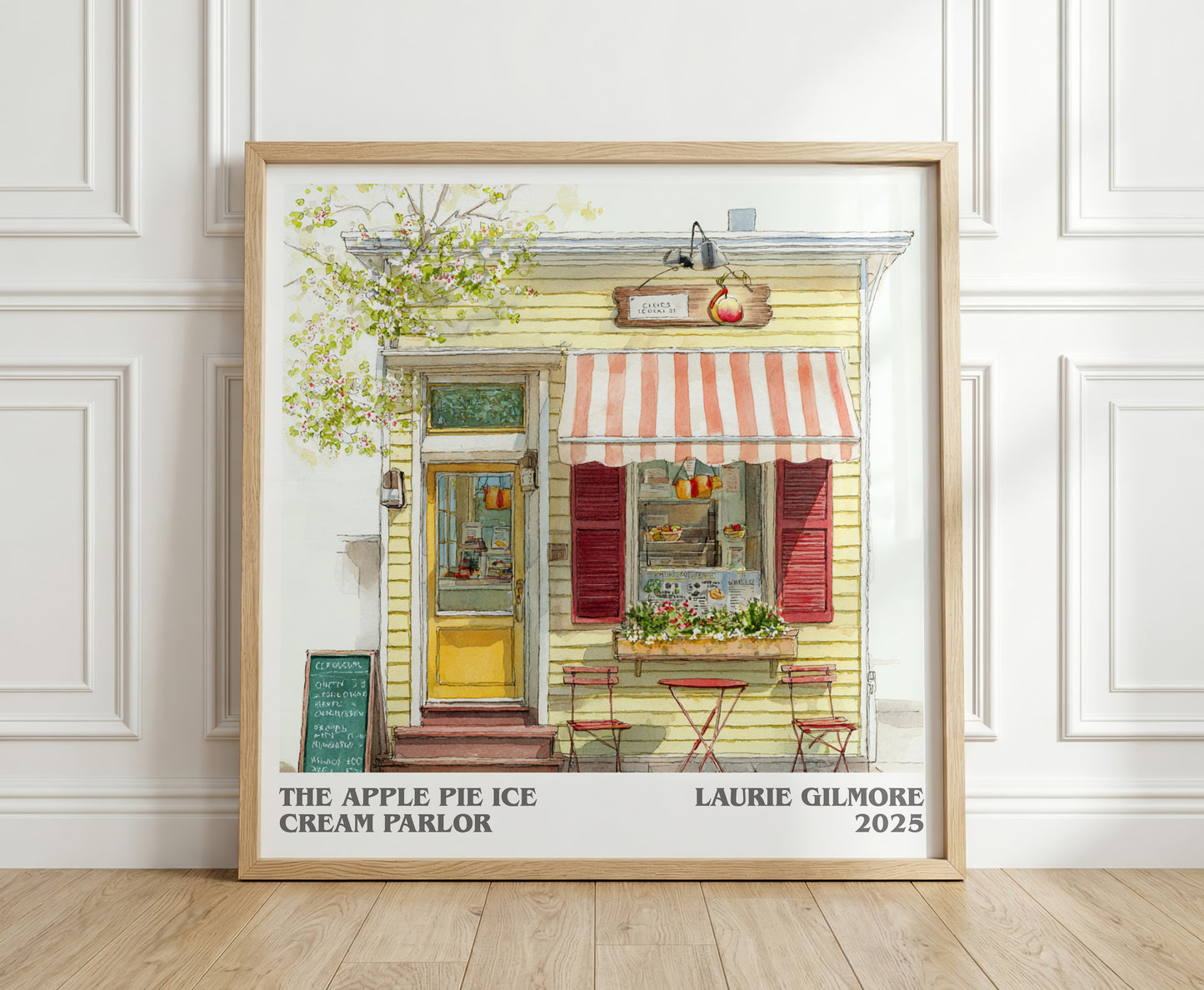 The Apple Pie Ice Cream Parlor literary print in frame leaning in hallway – romance wall art
