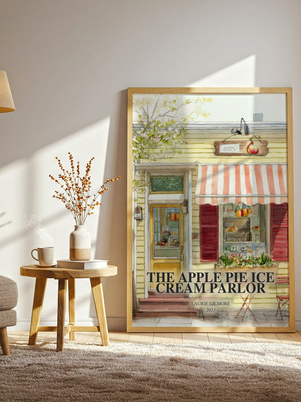 The Apple Pie Ice Cream Parlor watercolour print in frame leaning in hallway – romance wall art