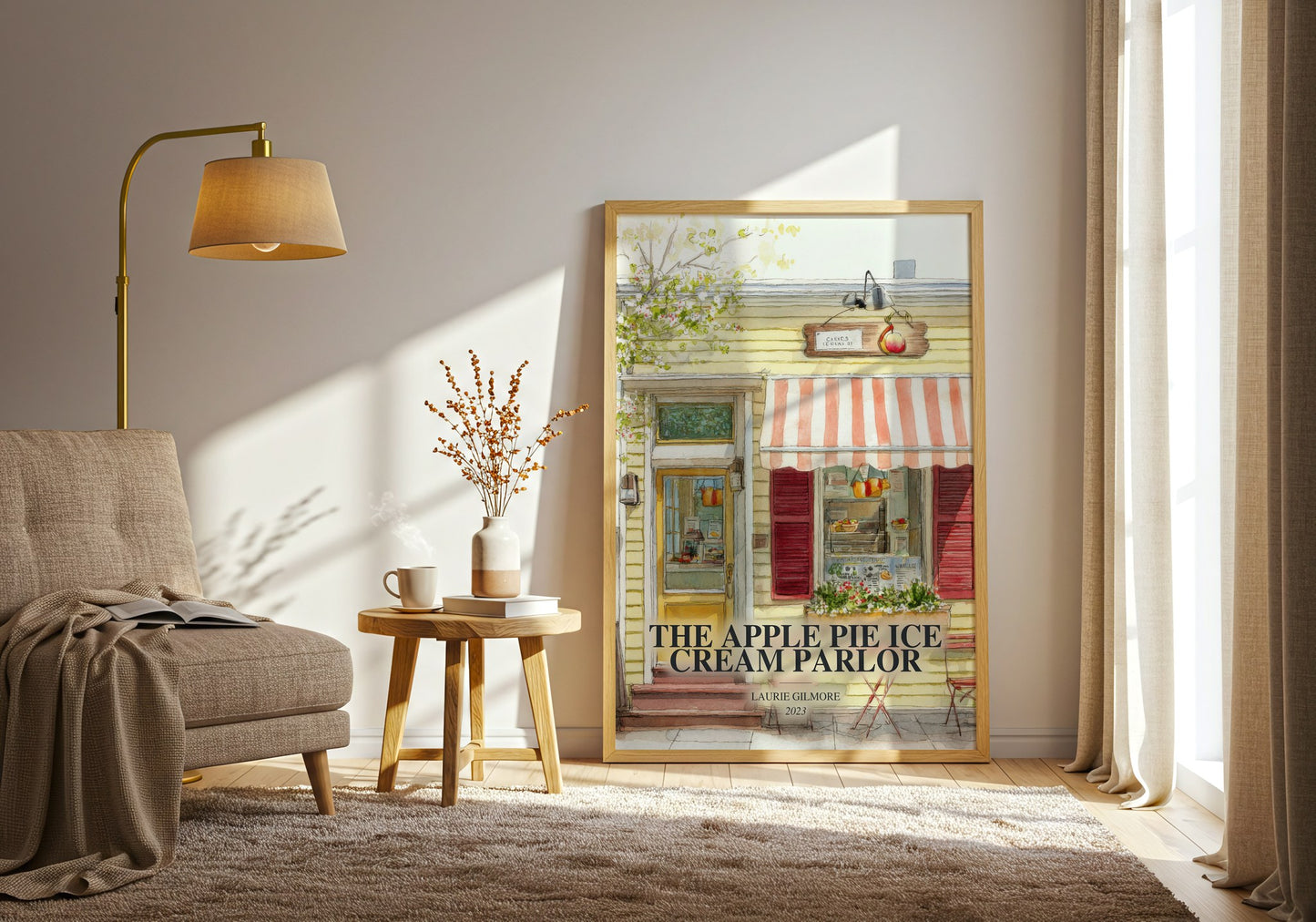 The Apple Pie Ice Cream Parlor watercolour print in frame leaning in hallway – romance wall art