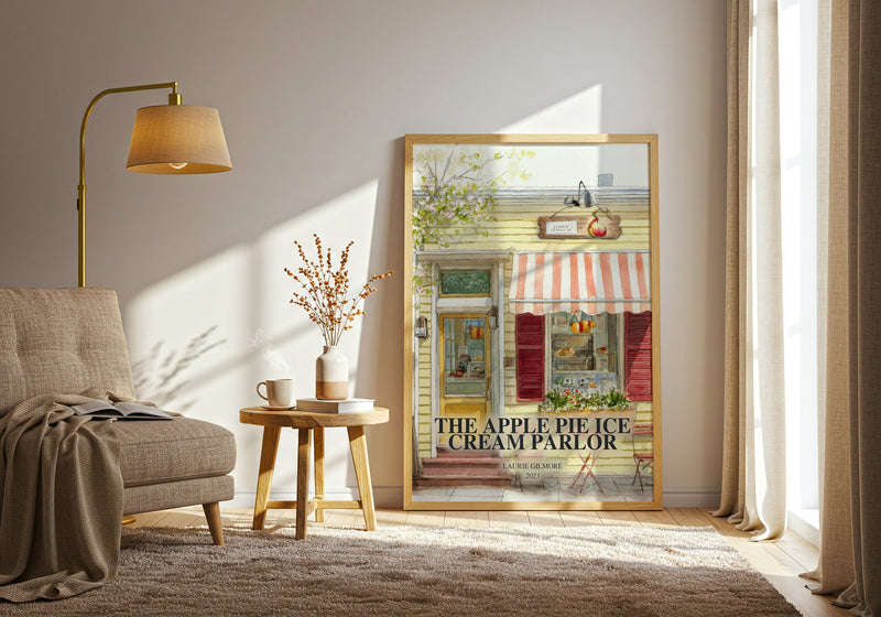 The Apple Pie Ice Cream Parlor watercolour print in frame leaning in hallway – romance wall art