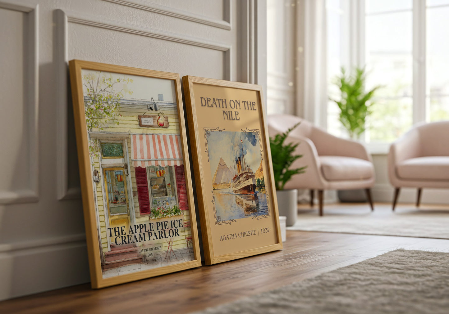 The Apple Pie Ice Cream Parlor watercolour print framed by window – literary home decor