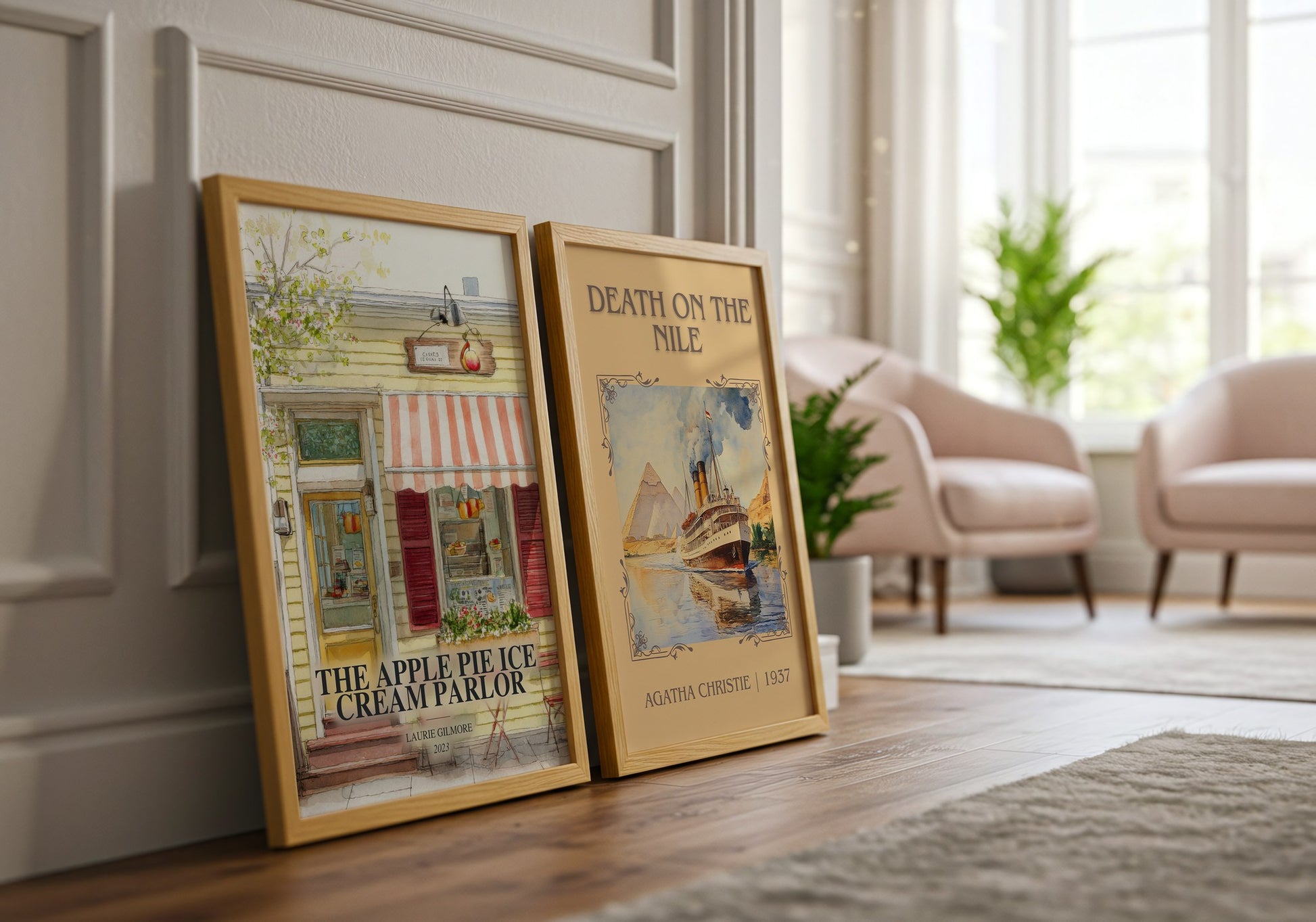 The Apple Pie Ice Cream Parlor watercolour print framed by window – literary home decor