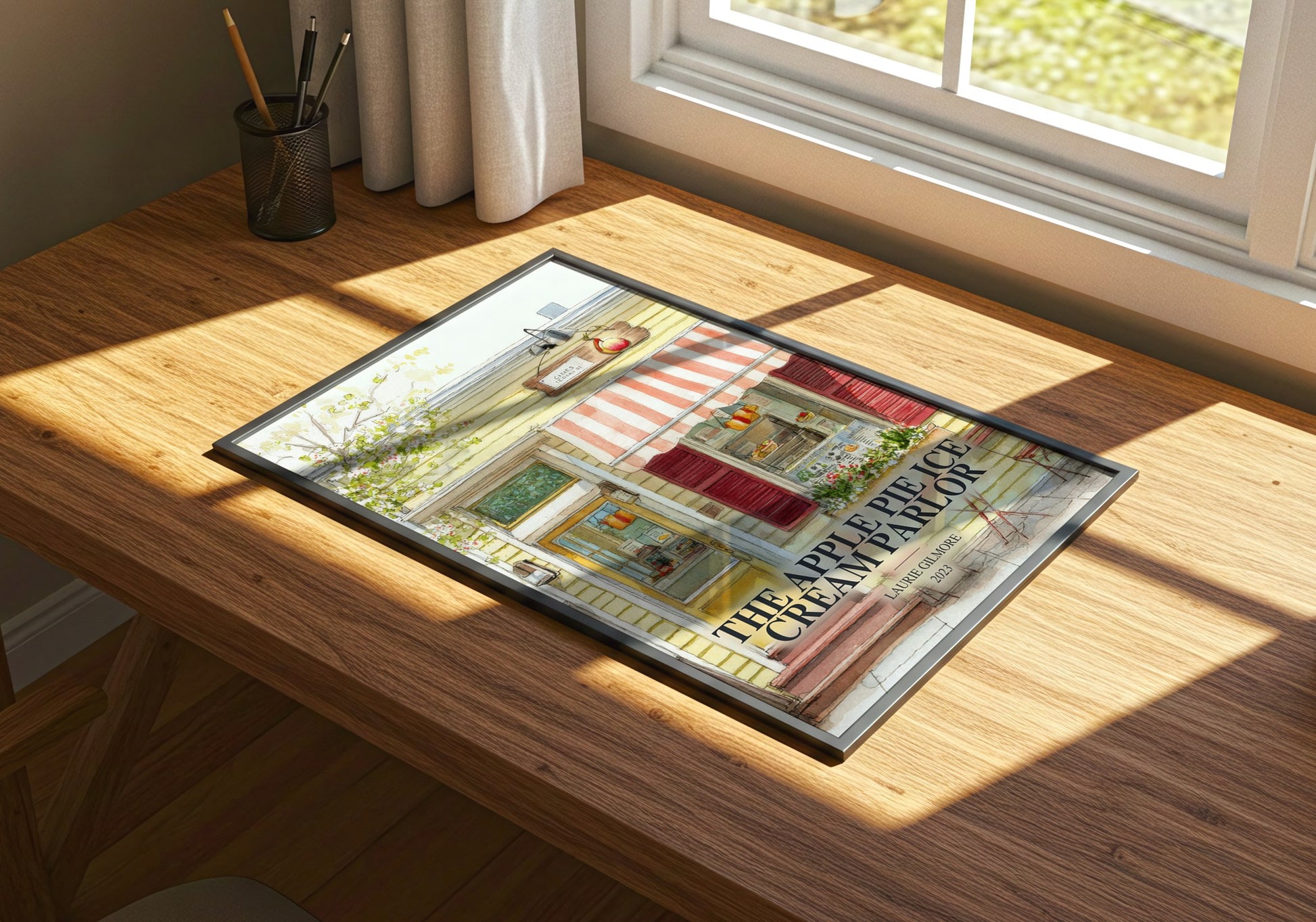 The Apple Pie Ice Cream Parlor watercolour book poster framed on wall – romance wall art